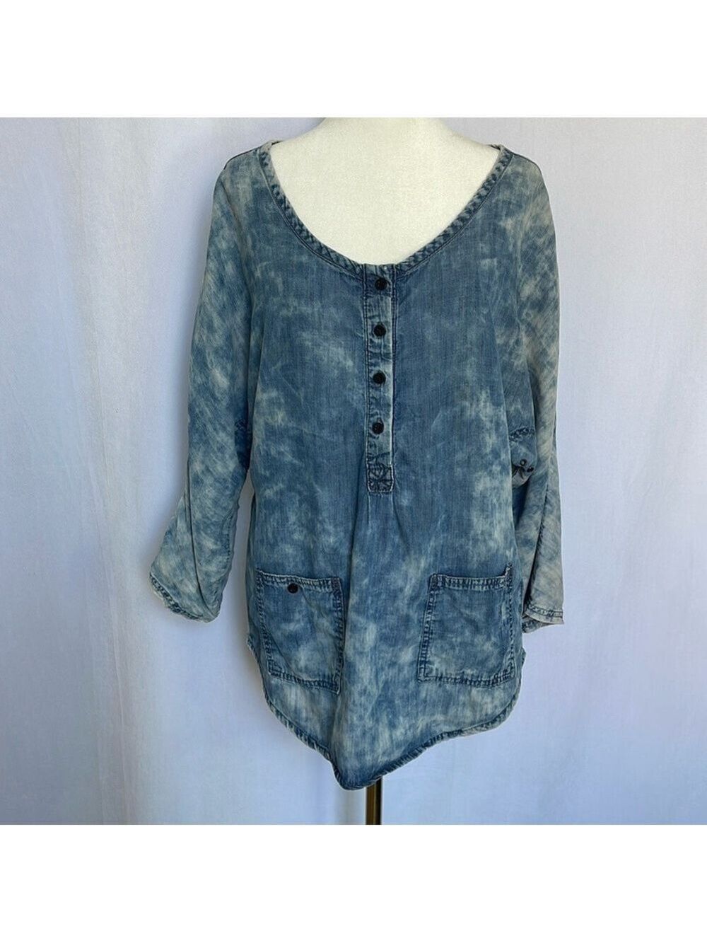 Life In Progress Chambray Top Size Size S Dolan Sleeve Henley Lagenlook Pockets